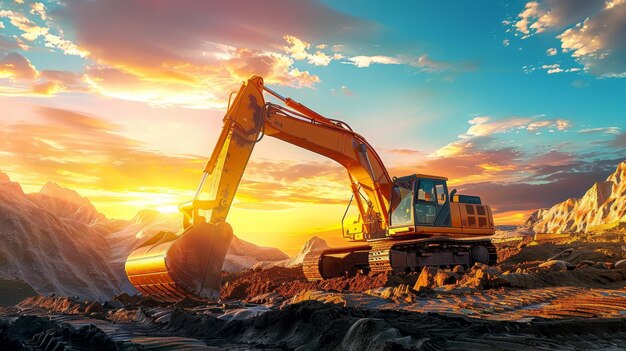 A solitary excavator stands on a dirt construction site silhouetted against a stunning sunset sky w