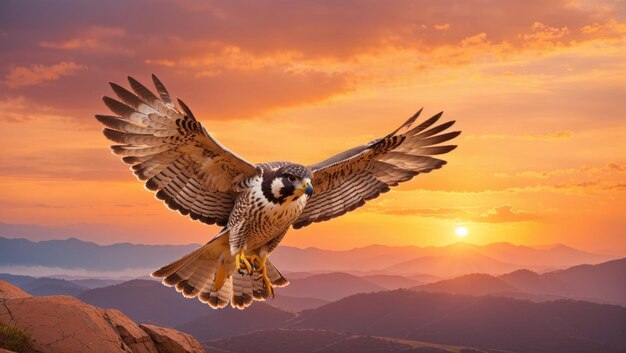 A solitary falcon gracefully soaring against the backdrop of a serene natural landscape during the enchanting hues of a sunset