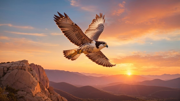 A solitary falcon gracefully soaring against the backdrop of a serene natural landscape during the enchanting hues of a sunset