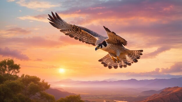 A solitary falcon gracefully soaring against the backdrop of a serene natural landscape during the enchanting hues of a sunset