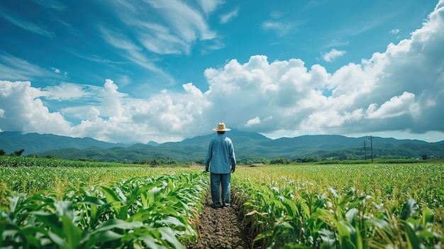 Photo a solitary farmer surveys a lush field evoking themes of agriculture sustainability and nature