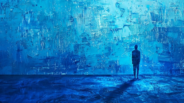 Solitary figure against blue abstract background