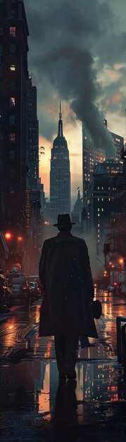 Solitary figure city backdrop hat in hand dusk lighting cinematic deep shadows hyper realistic