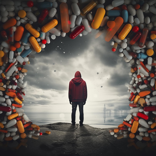 Photo solitary figure confronting pill gateway to the unknown