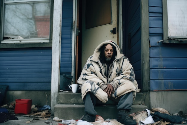 Foto una figura solitaria che contempla la vita in mezzo alla colorata facciata della povertà urbana