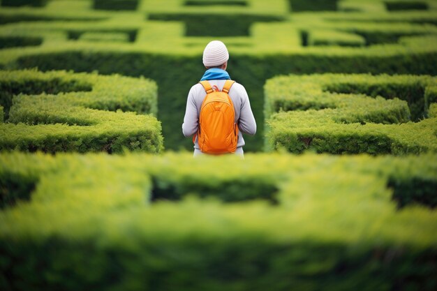 Photo solitary figure contemplating next move in a hedge maze junction