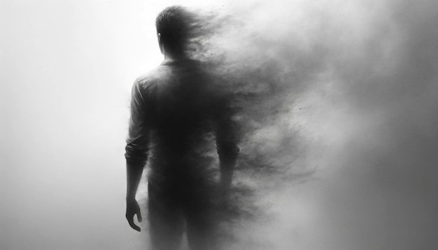 Solitary figure merging with mist