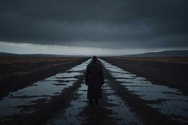 Foto figura solitaria su un sentiero oscuro