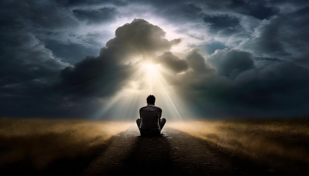 solitary figure sits in shadow surrounded by turbulent clouds symbolizing the weight of depression