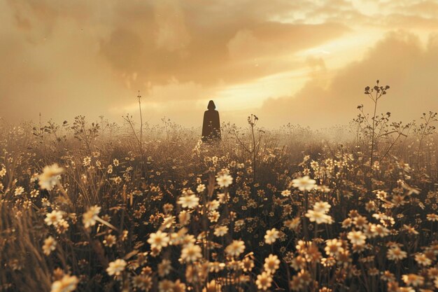 Foto una figura solitaria in piedi in mezzo a un campo di sabbia