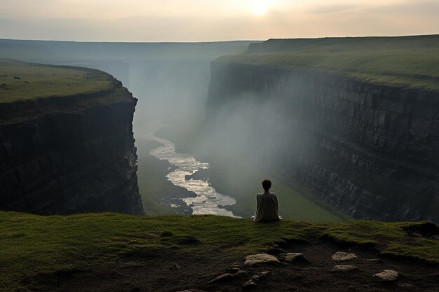 a solitary figure standing at the edge of a cliff