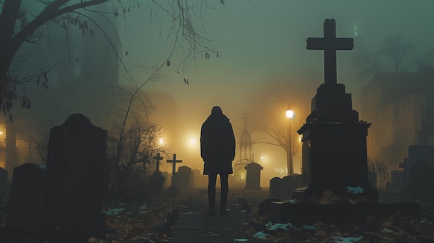 A solitary figure stands in a fogshrouded cemetery at dusk evoking themes of remembrance