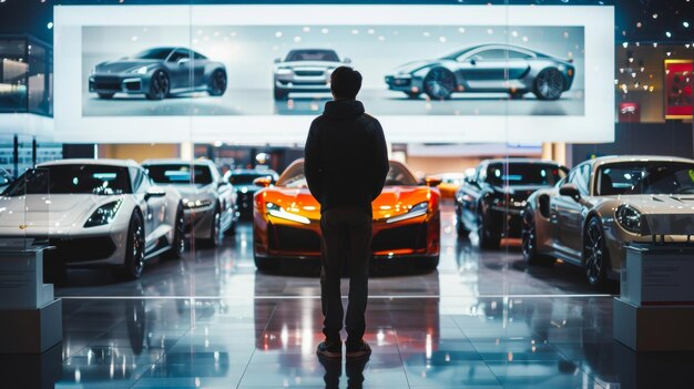 A solitary figure stands in front of a display of luxury cars lost in  thought as they contemplate | Premium AI-generated image