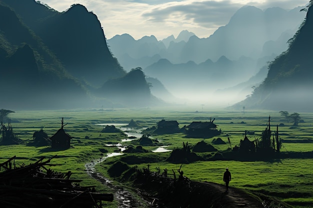 Photo solitary figure walking in misty mountain village generative ai