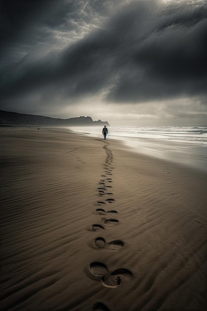 A solitary figure walks along a deserted beach