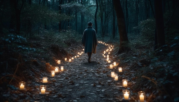 Solitary figure walks through spooky autumn forest generated by AI