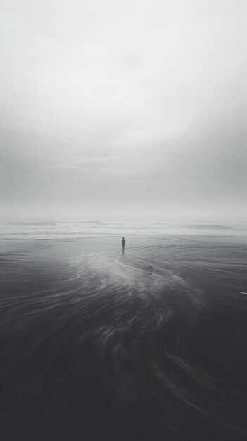 孤独な姿が 嵐の空の下で 広大なビーチをさまよっている