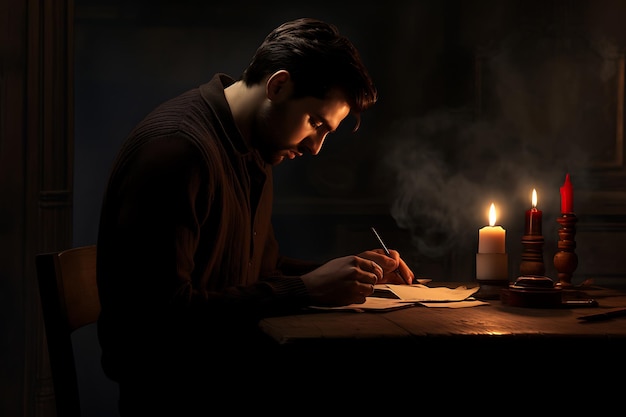 Foto figura solitaria che scrive una lettera d'amore alla luce delle candele esprimendo profonde emozioni il giorno di san valentino