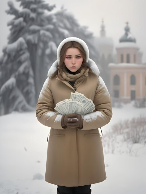 A solitary figure of a young Russian woman illuminated by the moonlight clutches a bag of money ti