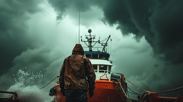 Solitary Fisherman Confronting Sea Storm