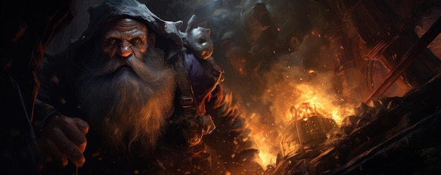 A solitary gnome engineer exits an explosion site his creation igniting the dungeons shadows