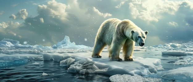 Одинокий покровитель льда Одиночный белый медведь пересекает хрупкую ледяную плиту посреди огромного и холодного арктического морского пейзажа под небом дрейфующих снежинки и мягких облаков, освещенных приглушенным солнцем