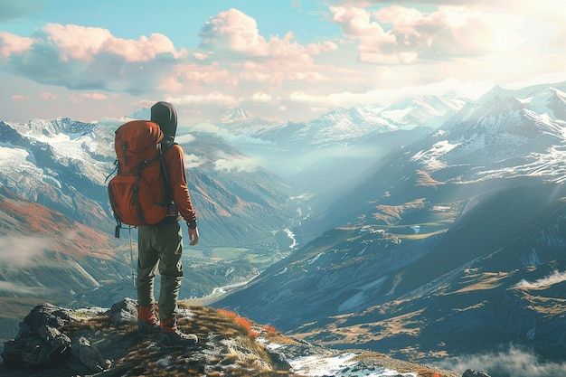 A solitary hiker admiring a panoramic mountain vie