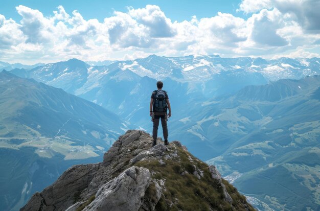 Solitary hiker atop majestic peak