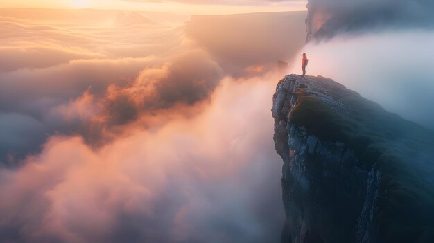 Foto escursionista solitario con vista sulle nuvole nebbiose all'alba per trasmettere un senso di avventura e libertà