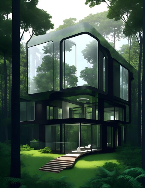 A solitary house surrounded by trees in a dense forest