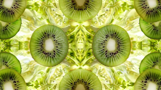 A solitary kiwi fruit commands attention in the center radiating vibrant hues of green and brown