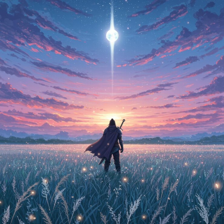 Solitary Knight Awaits Celestial Event at Sunset Serene Field of Firefly Lights