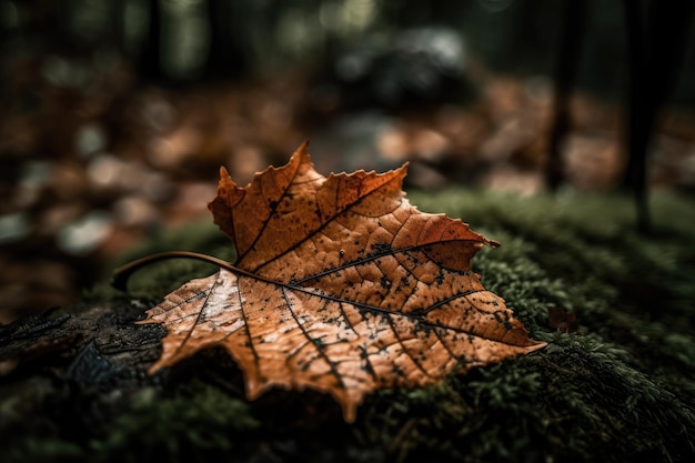 Solitary leaf resting on a bed of lush green moss Generative AI