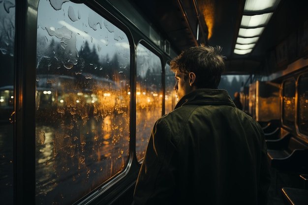 solitary lonely man in train