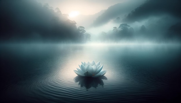 Solitary Lotus Flower on a Misty Lake at Dawn