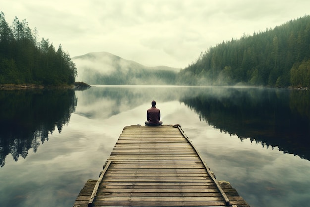 A solitary male traveler is seated on a wooden pier by a peaceful lake captured from the rear Generative AI