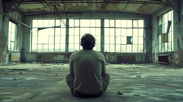 Solitary man sitting in an abandoned building contemplating