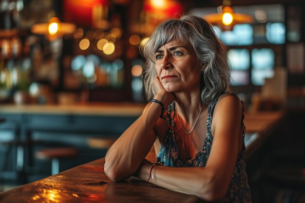 Solitary Mature Woman Lost in Thought at a Bar A Portrait of Solitude