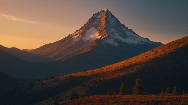 Foto una montagna solitaria che si erge in alto contro la tela di un tramonto di fuoco che getta lunghe ombre sopra