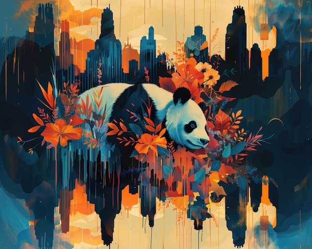 Solitary panda red botanicals city silhouette blended habitat side angle