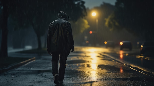 Solitary pedestrian walking on wet city street at evening illuminated by street lights