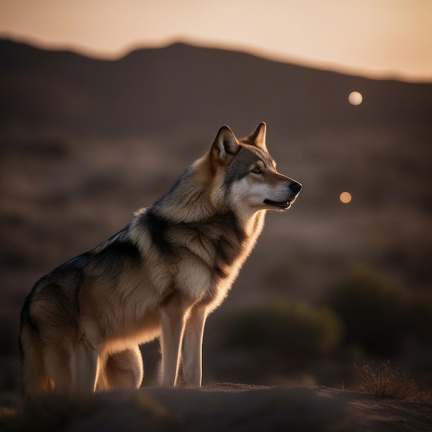 炎の砂漠の夕暮れに囲まれた孤独な捕食者 砂丘のなかで高く立っている孤独なオオカミ