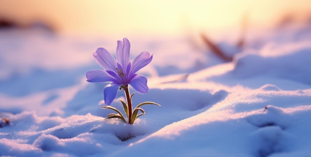 단독 보라색 꽃은 해가 지는 동안 눈을 견디며 탄력성의 증거입니다.