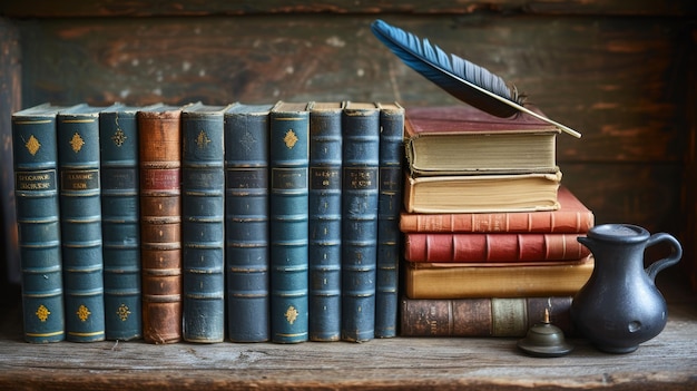 A solitary quill in an ink pot poised on a pile of timeworn books evokes the essence of bygone scholarly pursuits