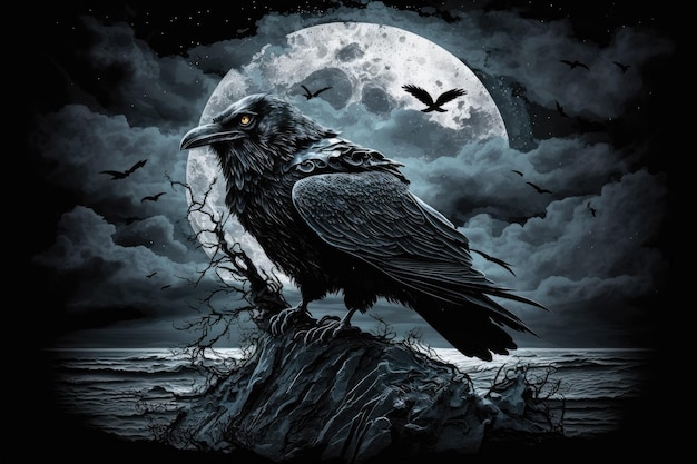 A solitary raven sits in the moonlight black as night Tense unsettling and gothic ambiance