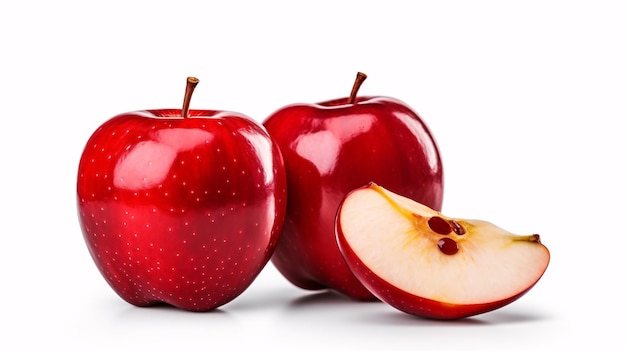 A solitary red apple cut into a whole half and piece lies atop a white background