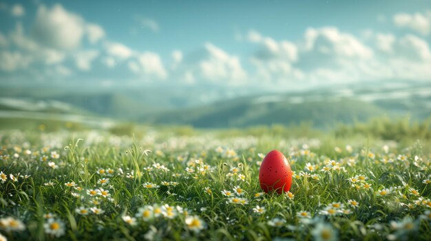 Solitary Red Easter Egg in a Daisy Field