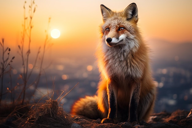 Solitary Red Fox op de top van de heuvel Generative Ai