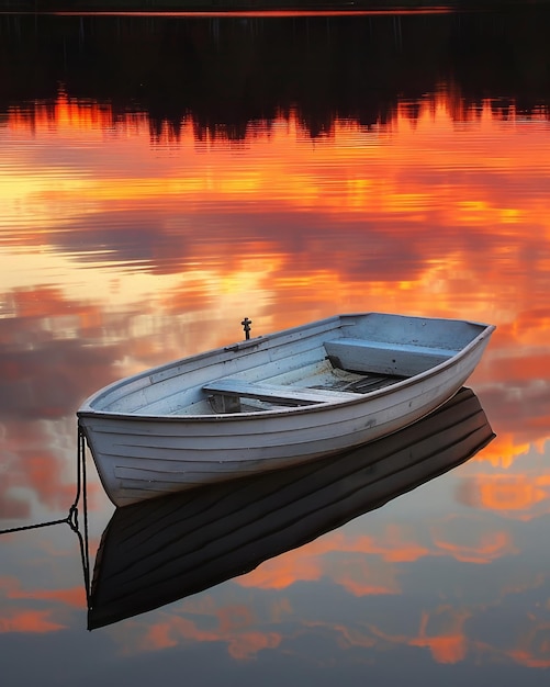 Одинокая гребная лодка, привязанная к причалу, спокойные воды озера, отражающие огненные оттенки заката.