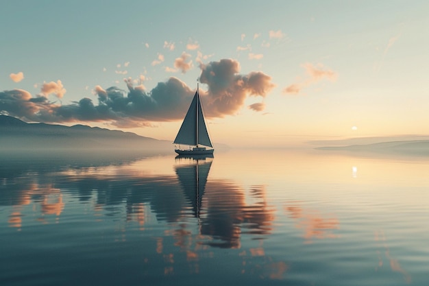 Photo a solitary sailboat gliding across a calm and refl